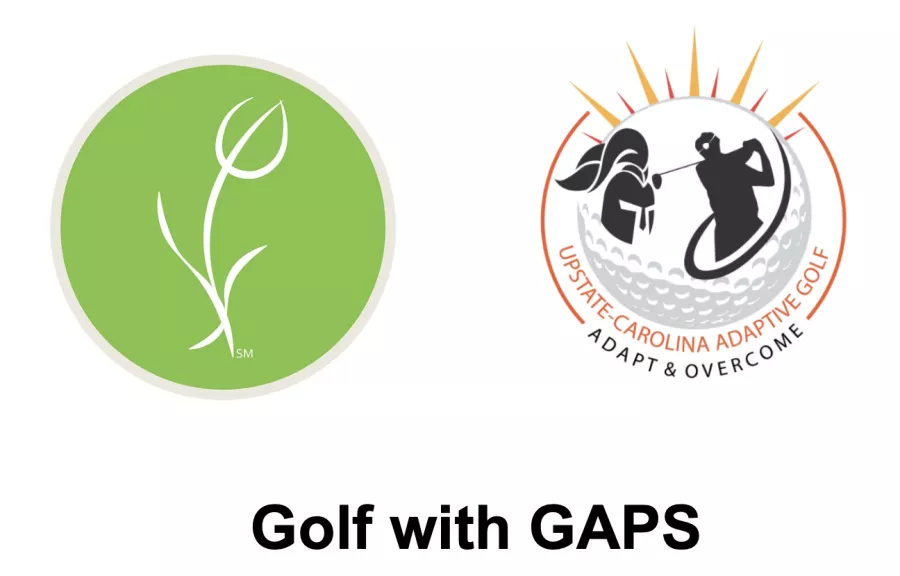 Two logos are displayed. The Logo on the left is light green with a white stem. The logo on the right shows someone swinging a golf club. Text reads: Upstate-Carolina Adaptive Golf. Adapt & Overcome.