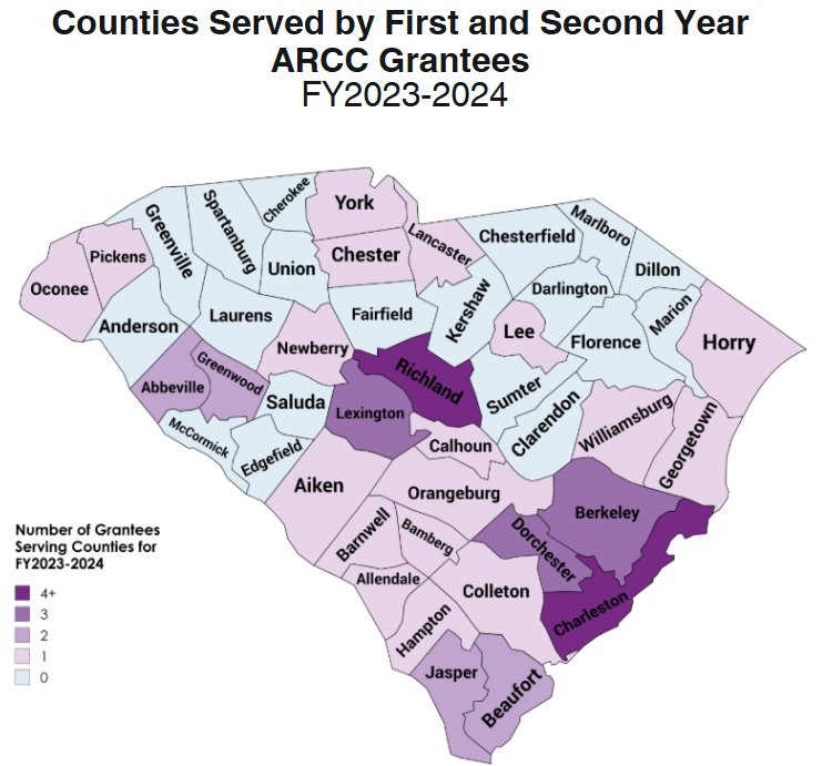 Map of counties served by first and second year ARCC grantees